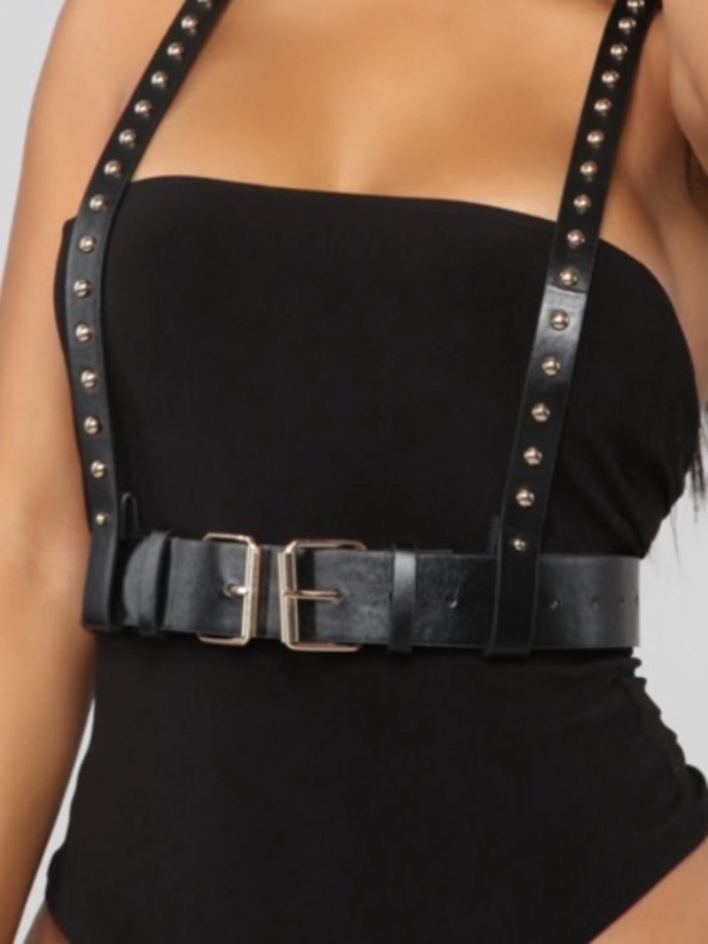 Black Studded Harness Belt with Gold Buckle
